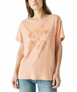 Cheap ❤️ Lucky Brand Dusty Coral Weathered 'Love' Floral Boyfriend Tee - 👩 Women 🔥