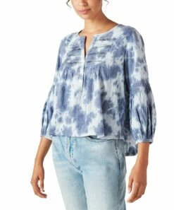 Lucky Brand Shop 19 Best deal โ Lucky Brand Blue & White Tie-Dye Lace-Accent Lantern Sleeve Notch Neck Top - ๐ฉ Women โญ