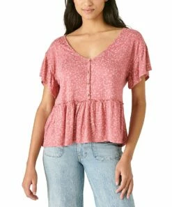 Wholesale 🎁 Lucky Brand Pink & Blush Floral Button-Front Peplum Top - 👩 Women 🎉
