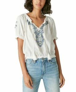 Promo 🧨 Lucky Brand White Floral Embroidered Short-Sleeve Peasant Top - 👩 Women 🤩