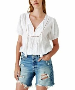 Wholesale 🔥 Lucky Brand White Embroidered Tassel-Scoop Neck Peasant Top - 👩 Women 😍