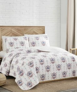 Hot Sale 👍 Lucky Brand White & Pink Geometric Ikat Quilt Set For Home & Garden 🧨