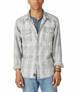 Budget 😀 Lucky Brand Washed Black Plaid Long-Sleeve Button-Up - Men 💯