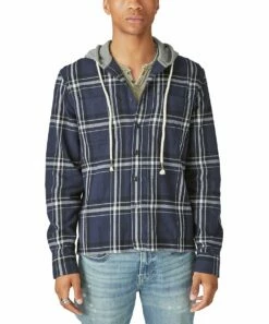 Outlet ๐ Lucky Brand Navy & Gray Plaid Button-Up Hoodie - Men ๐ฅฐ