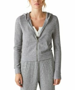 Top 10 ⌛ Lucky Brand Medium Heather Gray Cloud Waffle-Knit Zip-Up Hoodie - 👩 Women ⌛