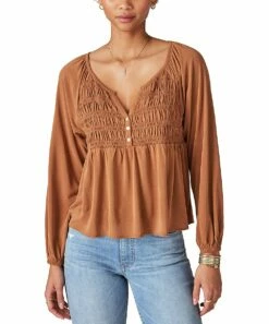 Discount 😀 Lucky Brand Caramel Café Smocked Long-Sleeve Notch Neck Top - 👩 Women 🌟