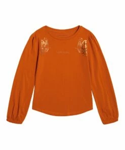 Hot Sale 👍 Lucky Brand Rust Butterfly Shimmer Bishop-Sleeve Crewneck Top - 👧 Girls For Kids 🎉