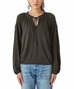 Buy 🤩 Lucky Brand Black Smocked Long-Sleeve Blouson Top - 👩 Women ✔️