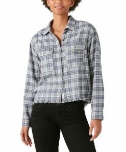 Best Pirce ✨ Lucky Brand Lavender & White Plaid Crop Button-Up - 👩 Women ⭐