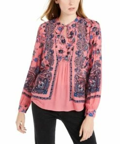 Promo 🧨 Lucky Brand Pink & Blue Floral Tie-Neck Empire-Waist Top - 👩 Women 🎉